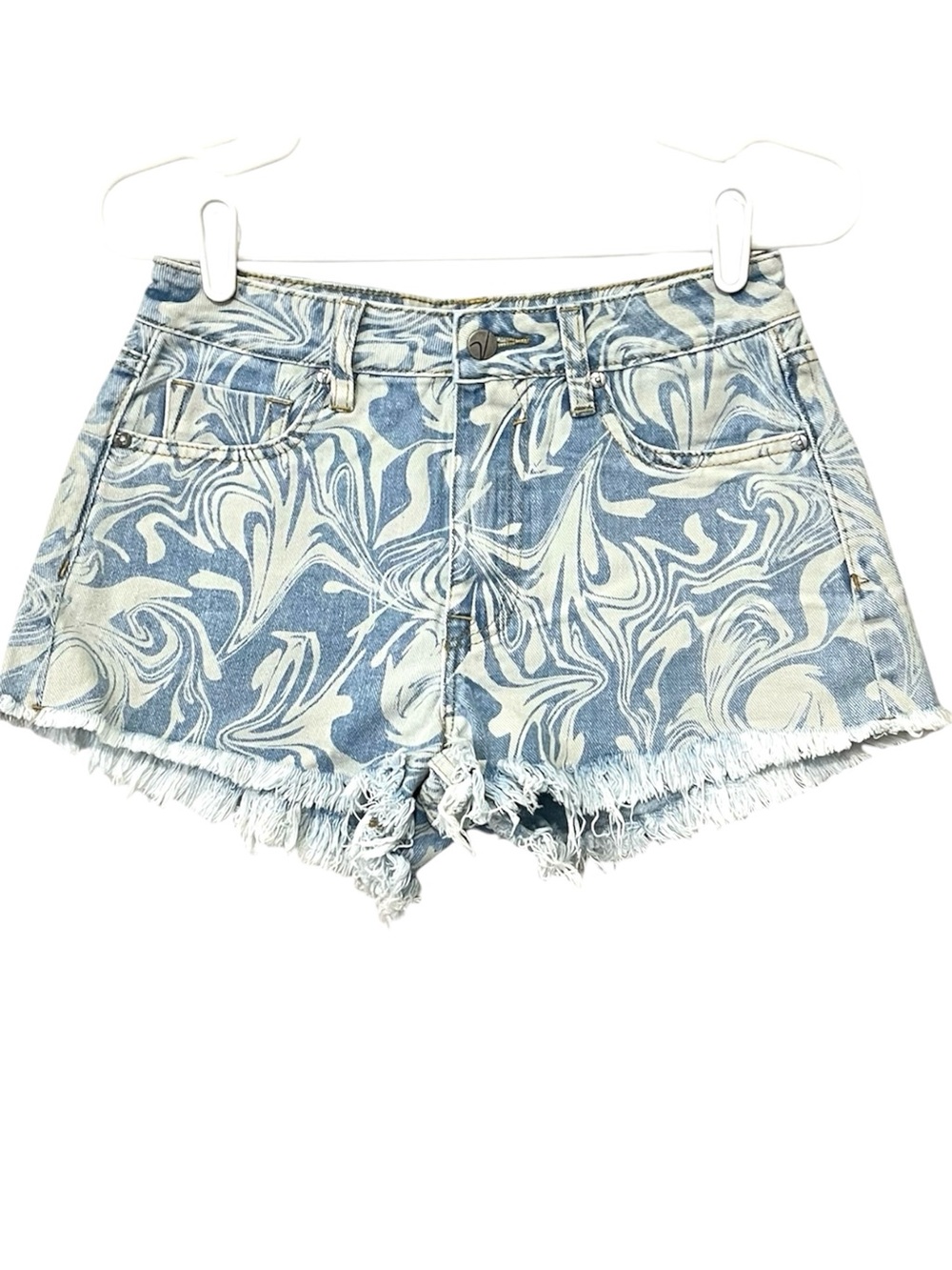 Vigoss Vigold Swirl Cotton Denim High‎ Rise Cut-Off Shorts, Blue & White, Sz 25
